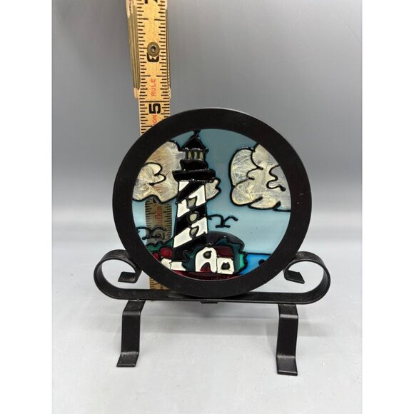 Stained Glass Lighthouse Tea Light Holder Black Metal Stand Coastal Decor - Picture 5 of 5